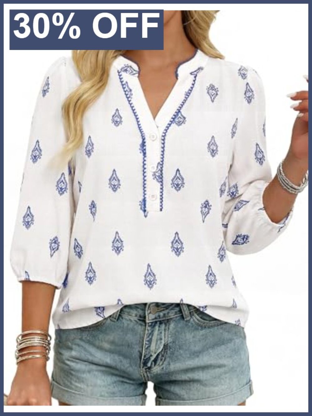 Womens Boho Floral V Neck 3/4 Sleeve Button Up Blouse Lace Trim Top